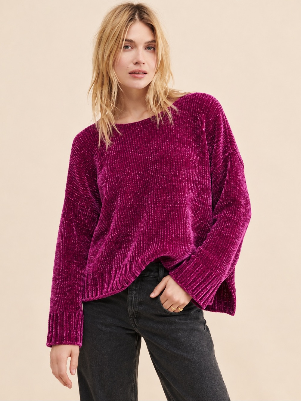 Anthropologie Moth Maise‎ Magenta Chenille Oversized Sweater Small